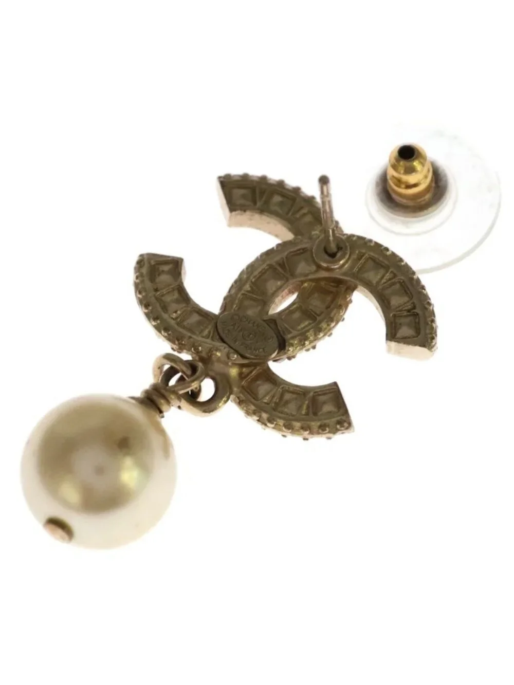 Chanel CC Logo Pearl Rhinestone Earrings Gold